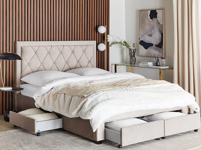Bett Samtstoff beige Schubladen Lattenrost 160 x 200 cm Chesterfield Stil Lievin