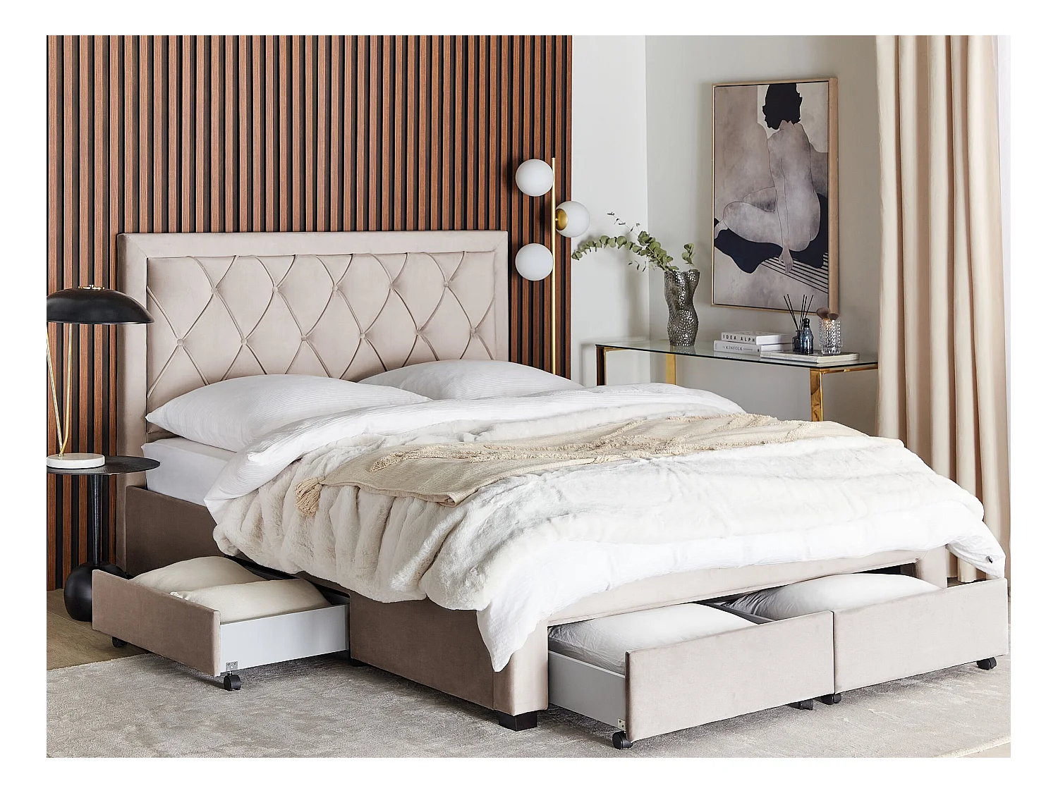 Cama com gavetas de arrumação Veludo LIEVIN 160 x 200 cm Creme