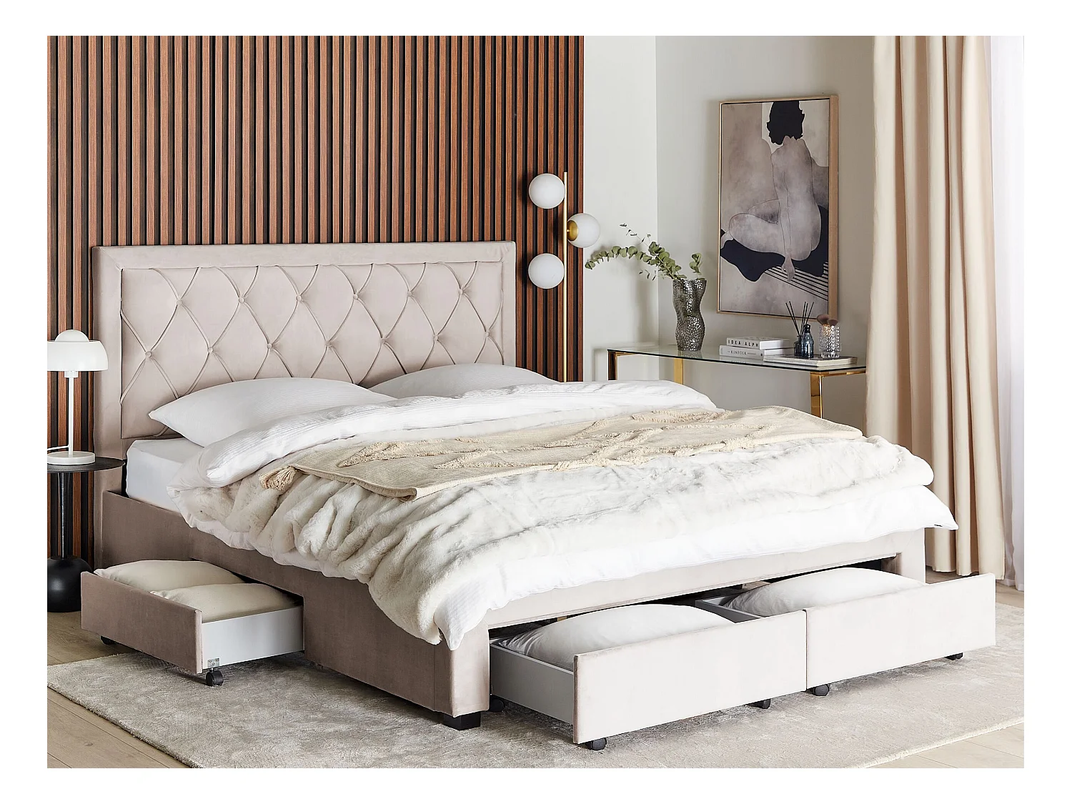 Lit avec tiroirs de rangement Velours LIEVIN 180 x 200 cm Beige