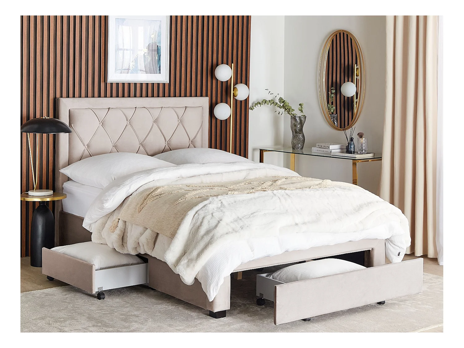 Bett Samtstoff beige Schubladen Lattenrost 140 x 200 cm Chesterfield Stil Lievin