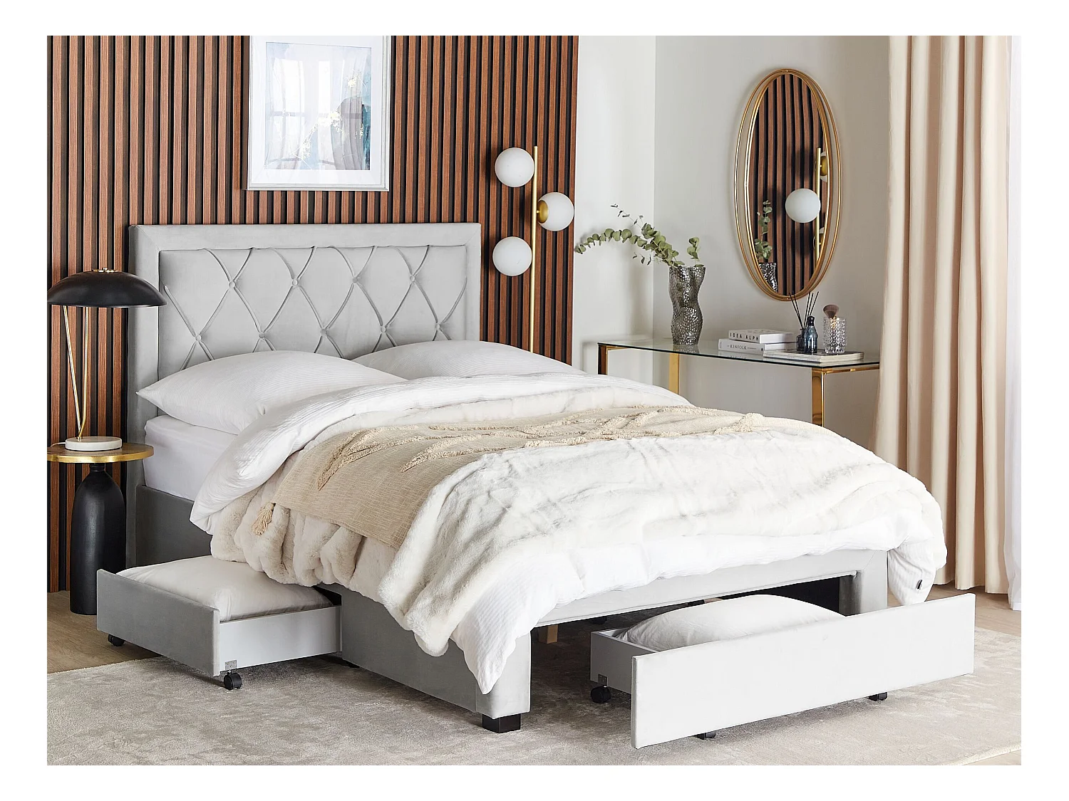 Lit avec tiroirs de rangement Velours LIEVIN 140 x 200 cm Gris clair