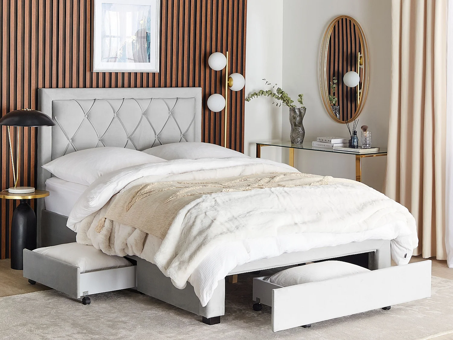 Lit avec tiroirs de rangement Velours LIEVIN 140 x 200 cm Gris clair
