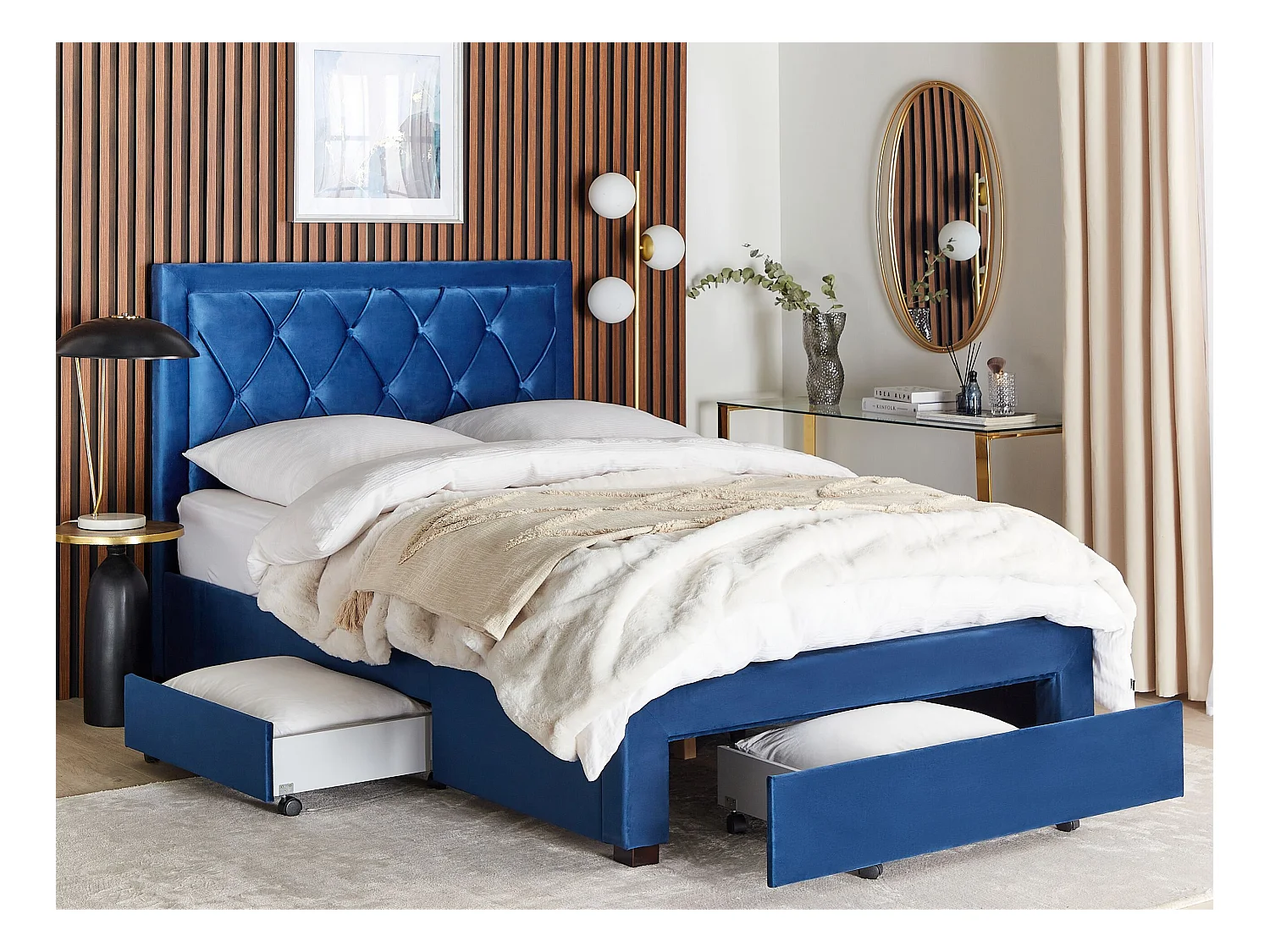 Lit avec tiroirs de rangement Velours LIEVIN 140 x 200 cm Bleu marine