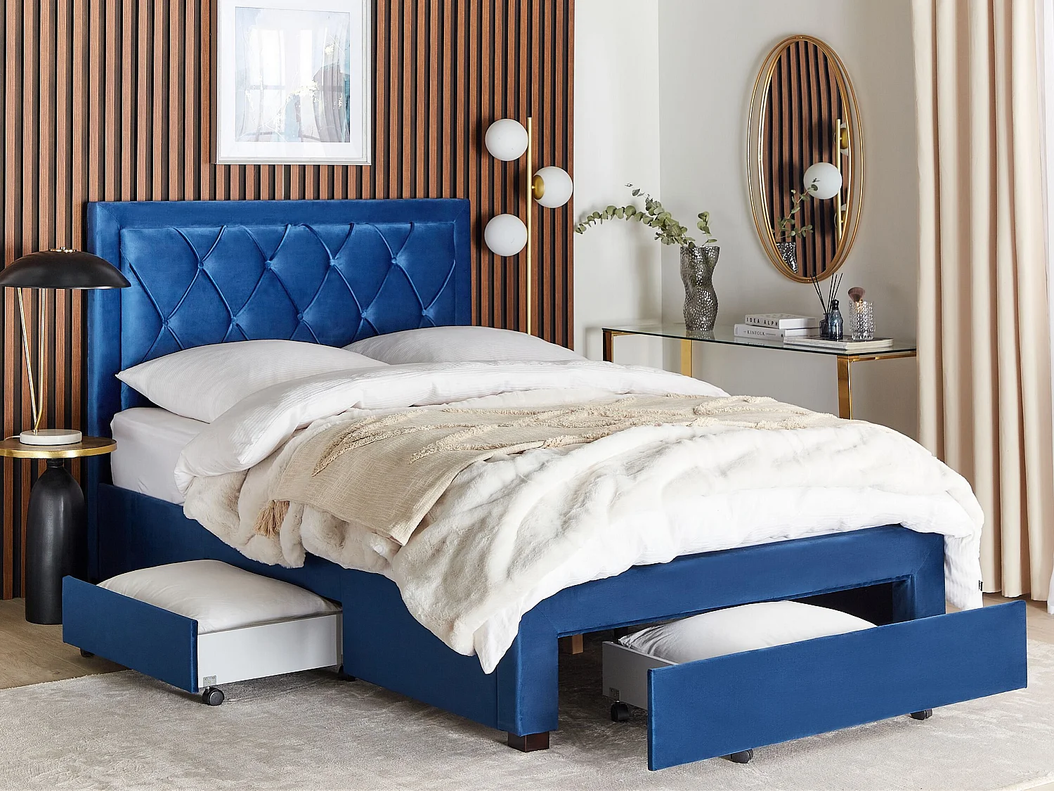 Bed met opbergladen Fluweel LIEVIN 140 x 200 cm Marineblauw