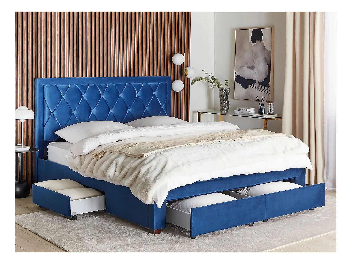 Lit avec tiroirs de rangement Velours LIEVIN 180 x 200 cm Bleu marine