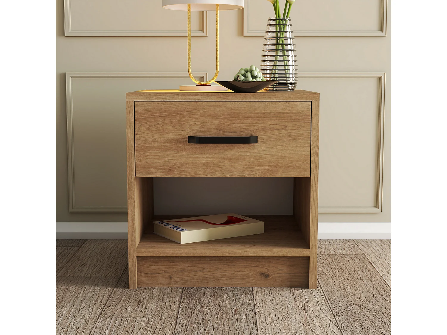 Table de chevet, 100% mélamine aggloméré plaqué, Chêne Couleur 52x46,8x45