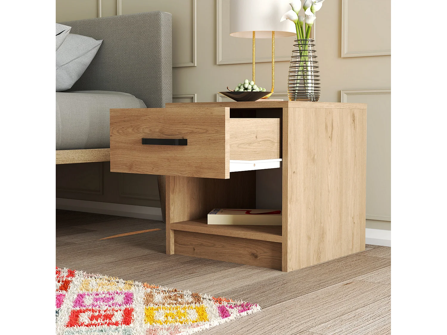 Table de chevet, 100% mélamine aggloméré plaqué, Chêne Couleur 52x46,8x45