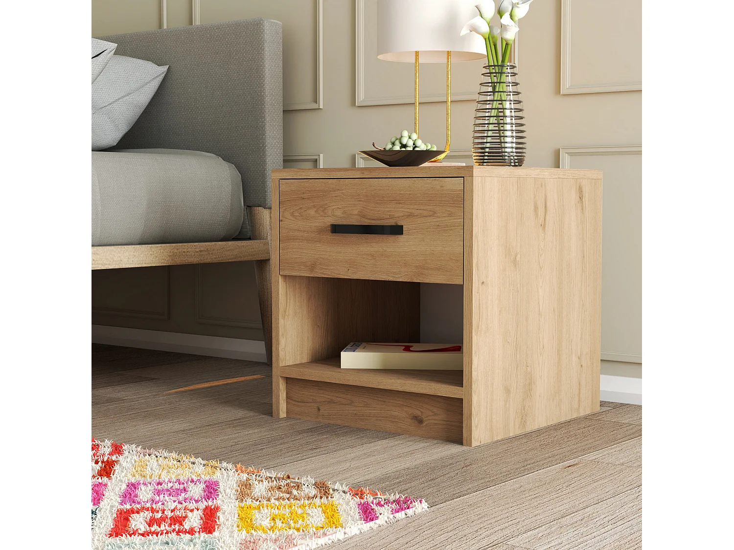 Table de chevet, 100% mélamine aggloméré plaqué, Chêne Couleur 52x46,8x45