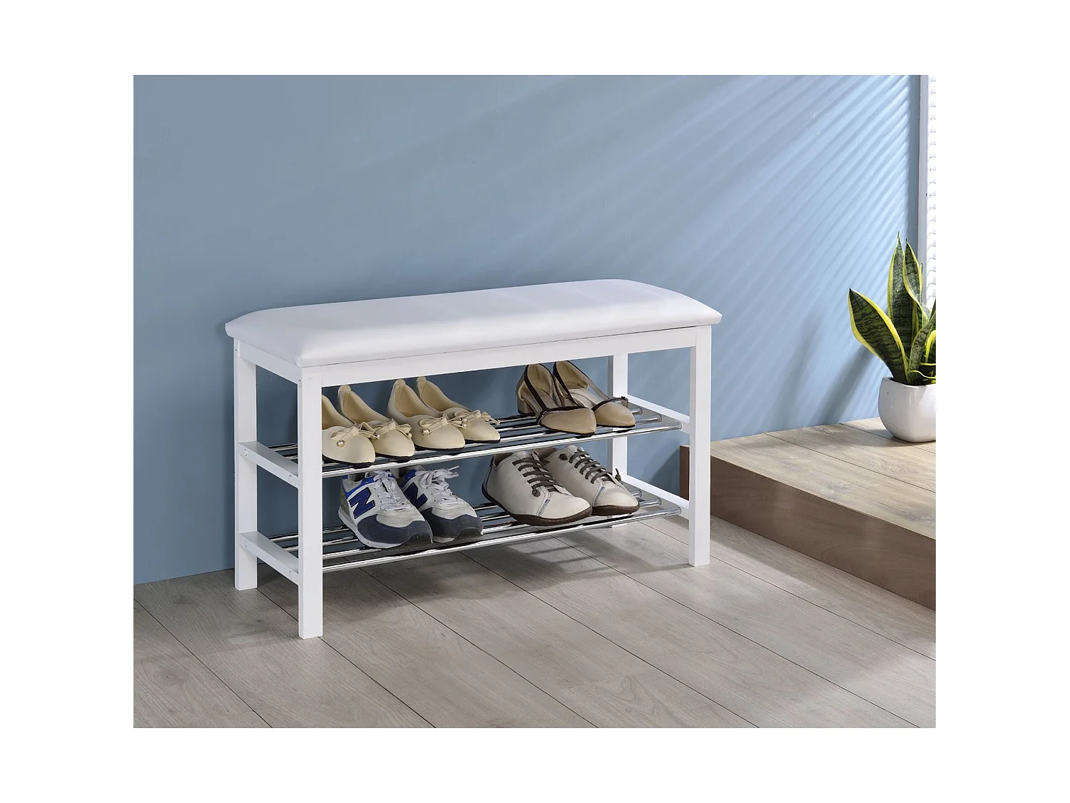 Meuble à chaussures SANA banc avec assise et 2 étagères rangement pour 8 paires en bois massif de coloris blanc