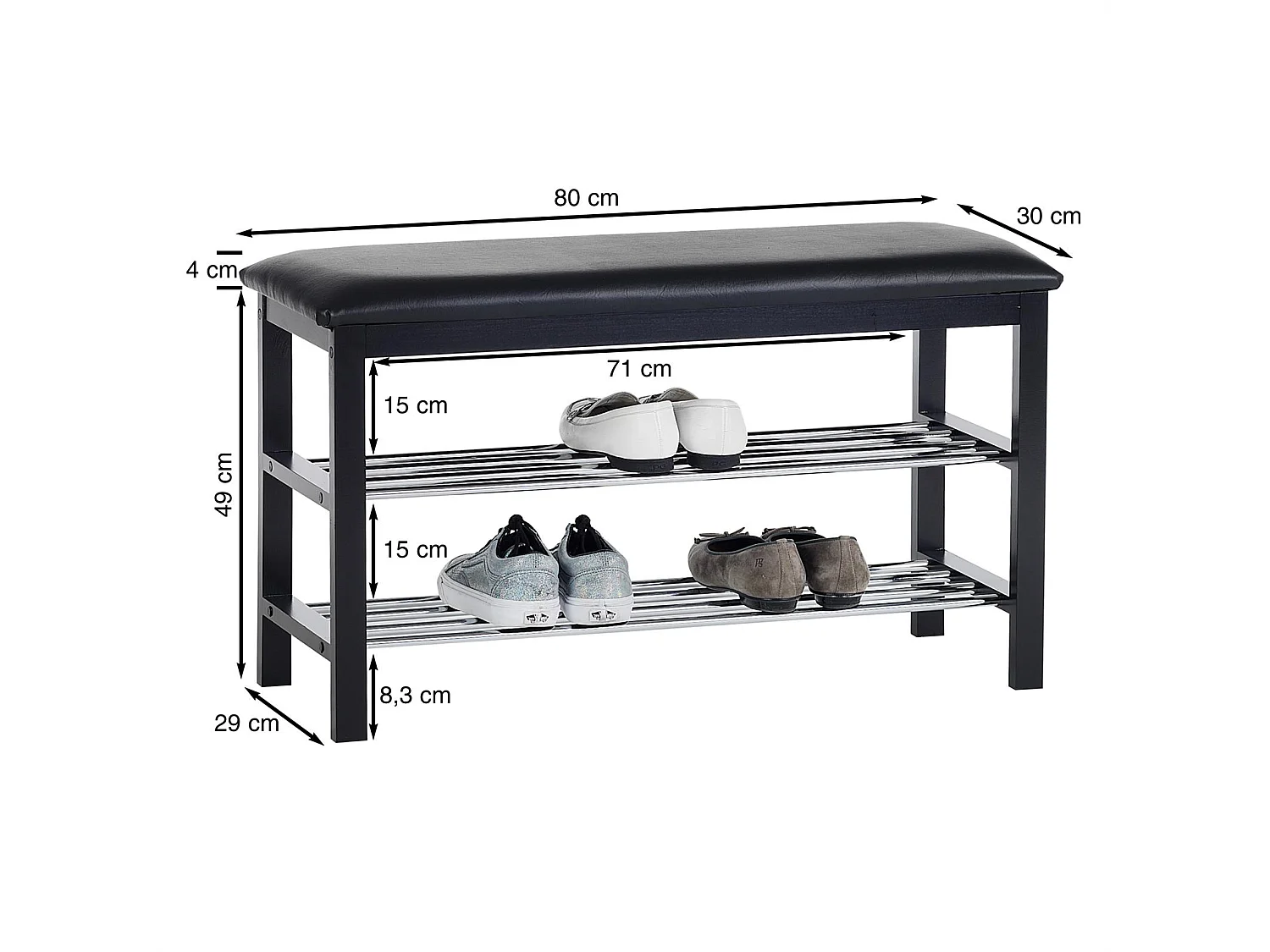 Meuble à chaussures SANA banc avec assise et 2 étagères rangement pour 8 paires en bois massif de coloris blanc