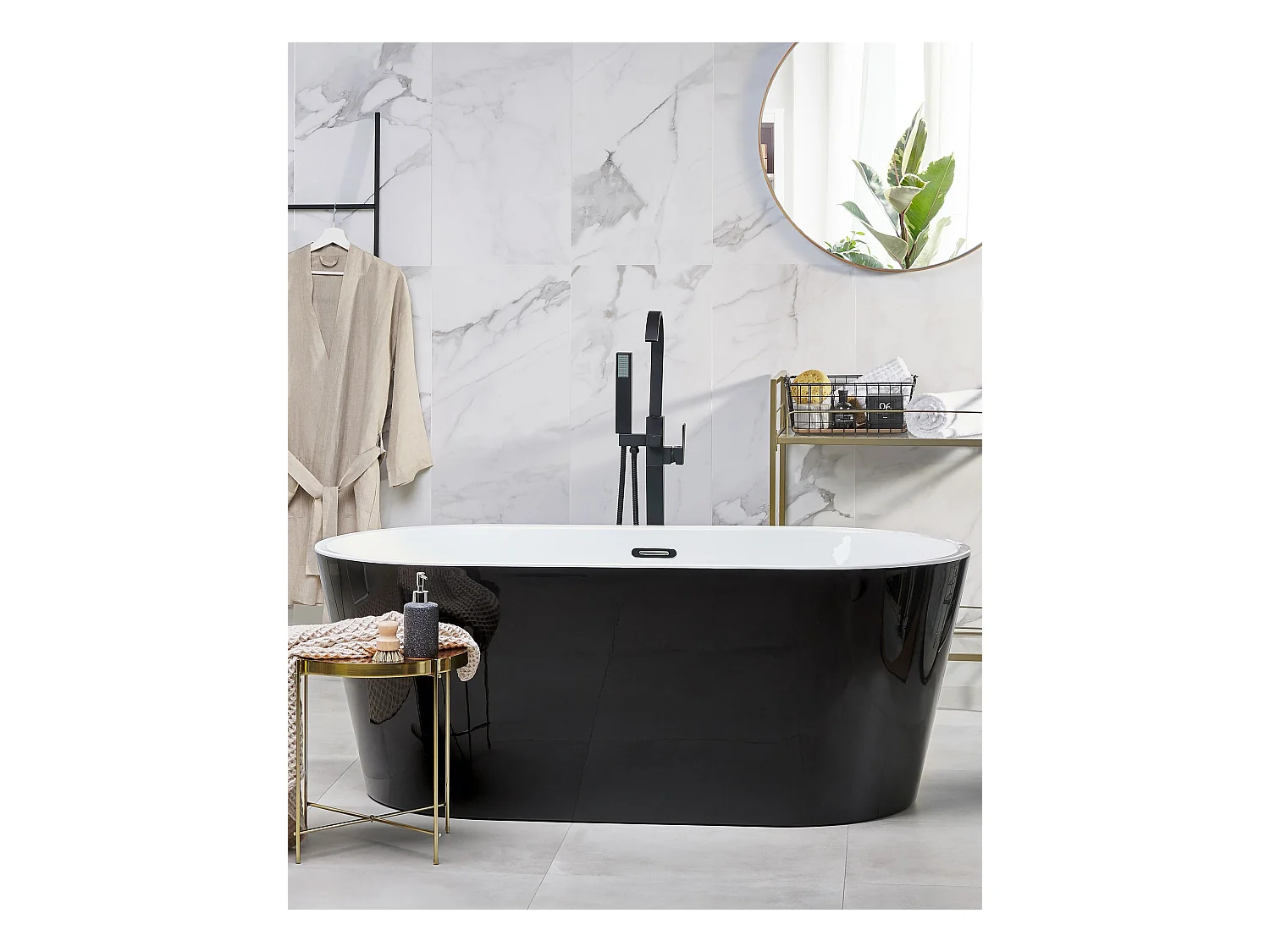 Acryl Badewanne oval freistehend schwarz-weiß mit Überlauf 170 x 72 cm Havana