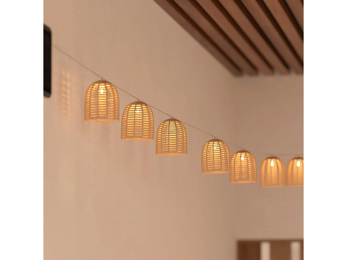 Guirlande Lumineuse Solaire 10 petits Abat-jours aspect Rotin LED Blanc chaud sur 3.35 mètres