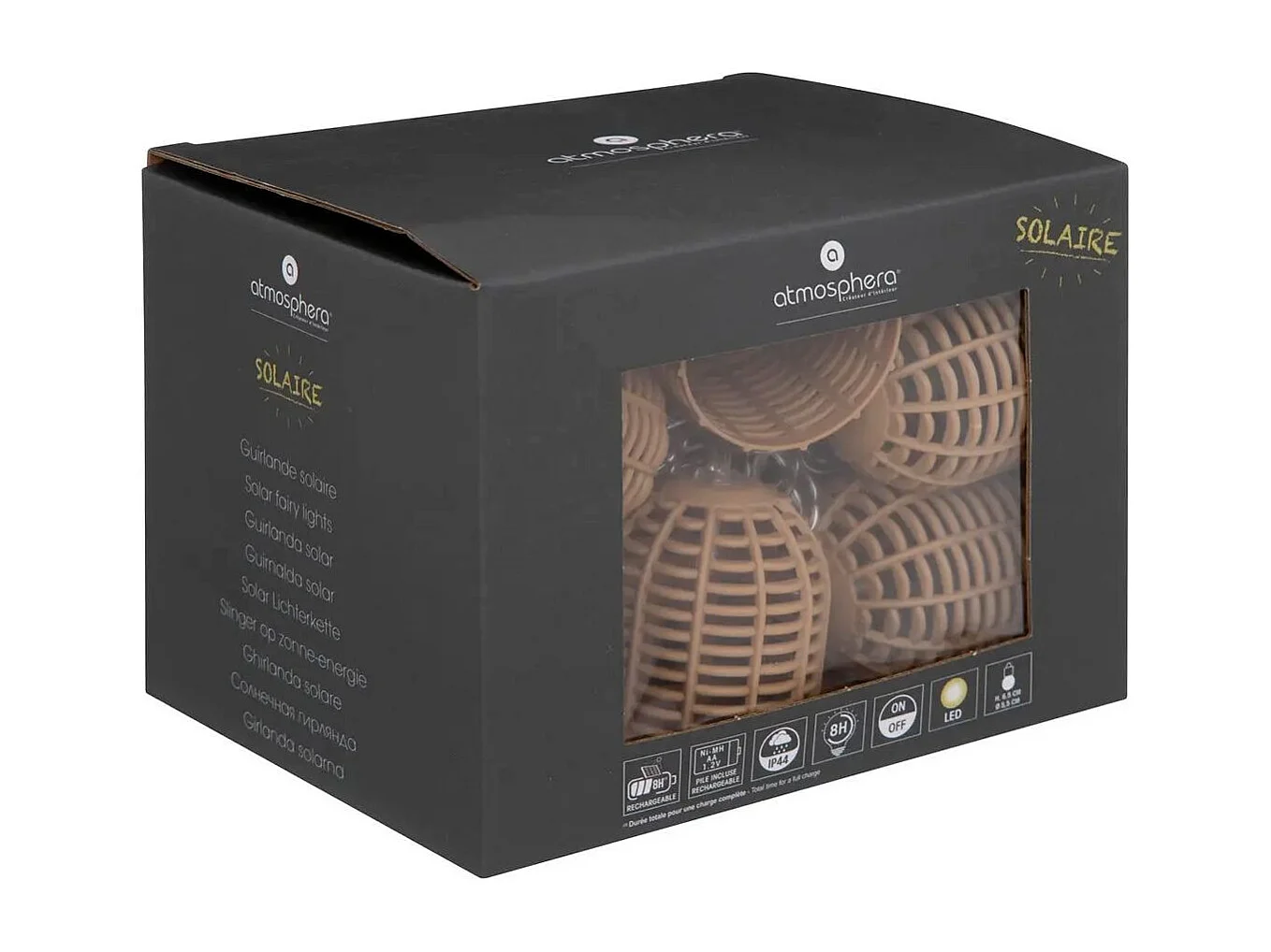 Guirlande Lumineuse Solaire 10 petits Abat-jours aspect Rotin LED Blanc chaud sur 3.35 mètres