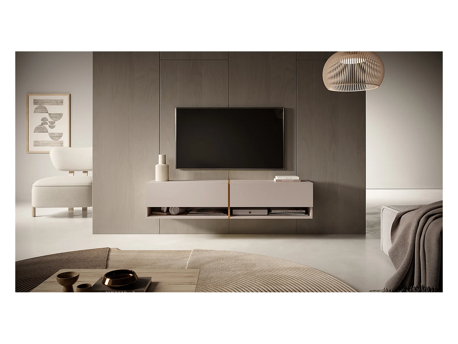 Meuble TV - 140 cm - taupe (gris-beige) avec insert doré - MIRRGO
