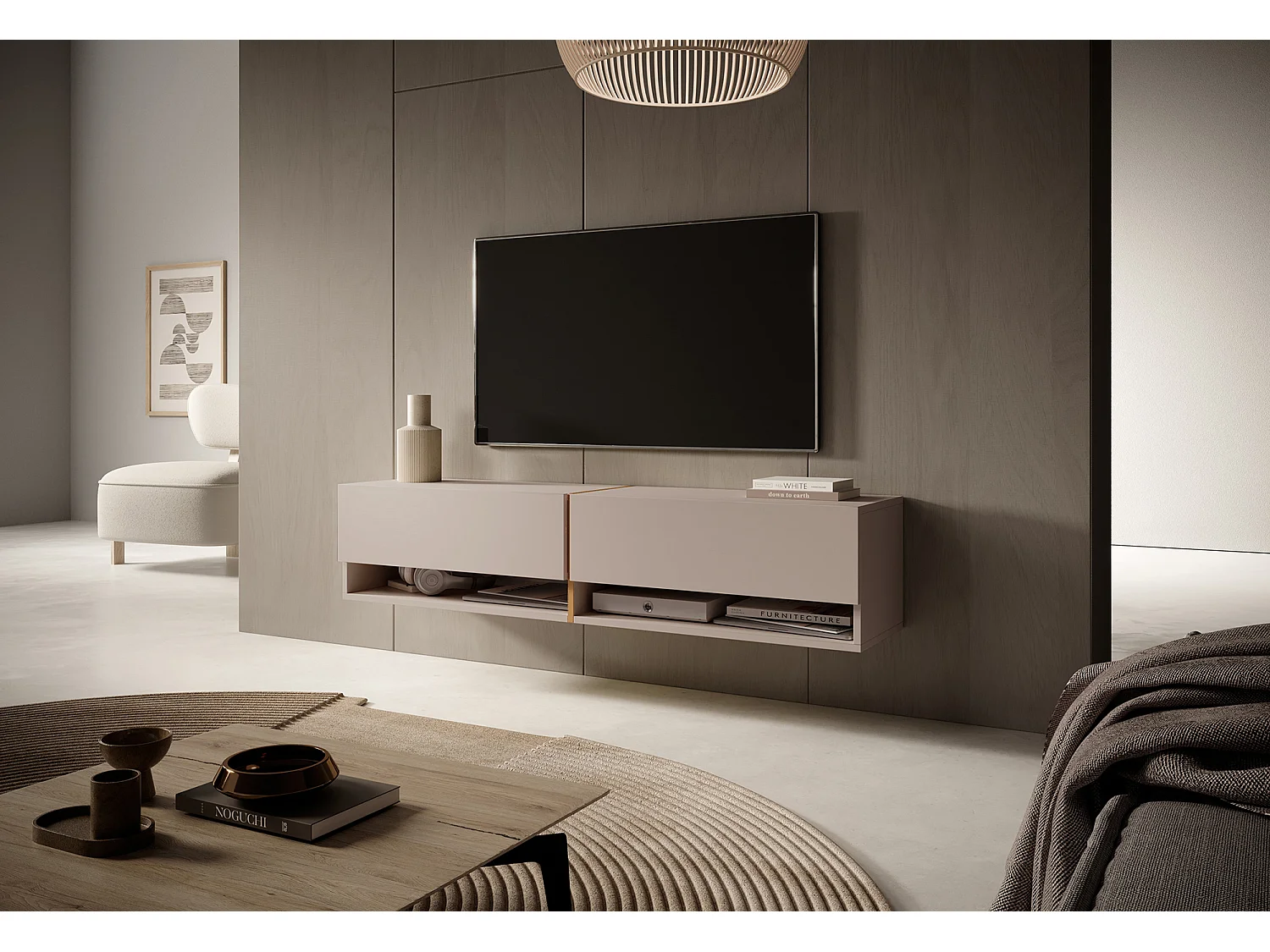 Meuble TV - 140 cm - taupe (gris-beige) avec insert doré - MIRRGO