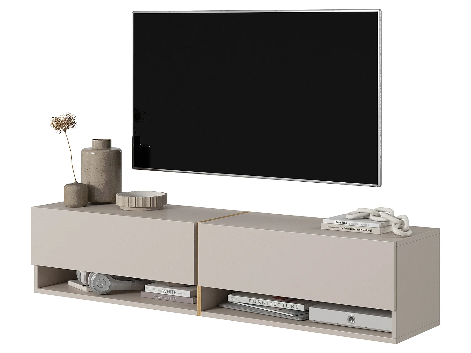 Meuble TV - 140 cm - taupe (gris-beige) avec insert doré - MIRRGO