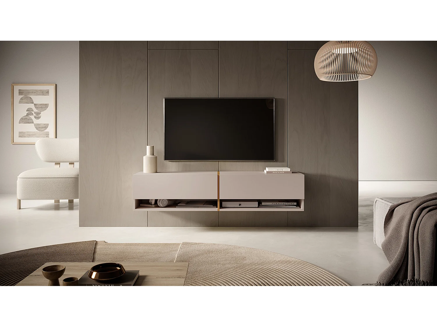 Meuble TV - 140 cm - taupe (gris-beige) avec insert doré - MIRRGO