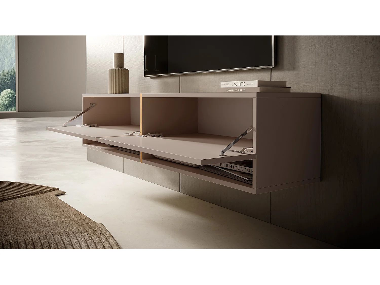 Meuble TV - 140 cm - taupe (gris-beige) avec insert doré - MIRRGO