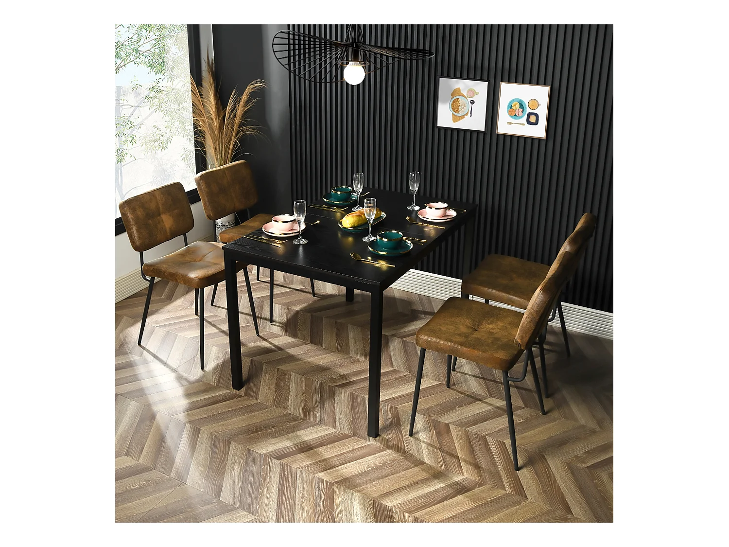 Lot De 4 Chaises De Salle À Manger Rétro Vintage Avec Dossier Assise Rembourrée En Suédine