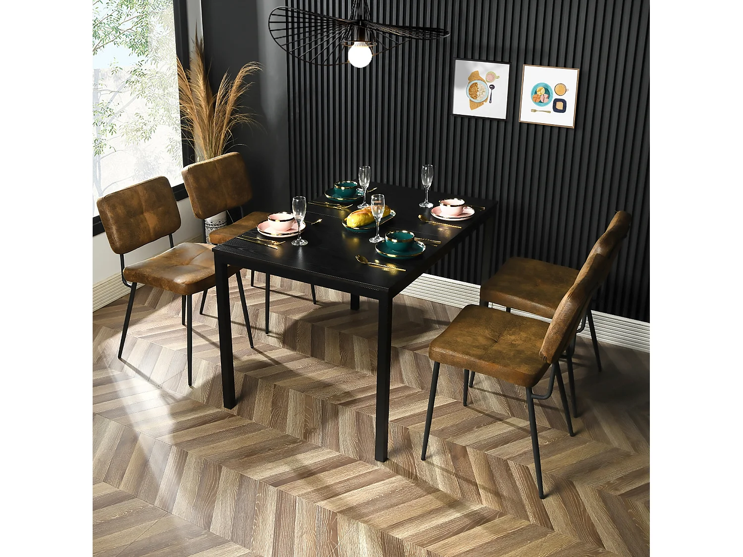 Lot De 4 Chaises De Salle À Manger Rétro Vintage Avec Dossier Assise Rembourrée En Suédine