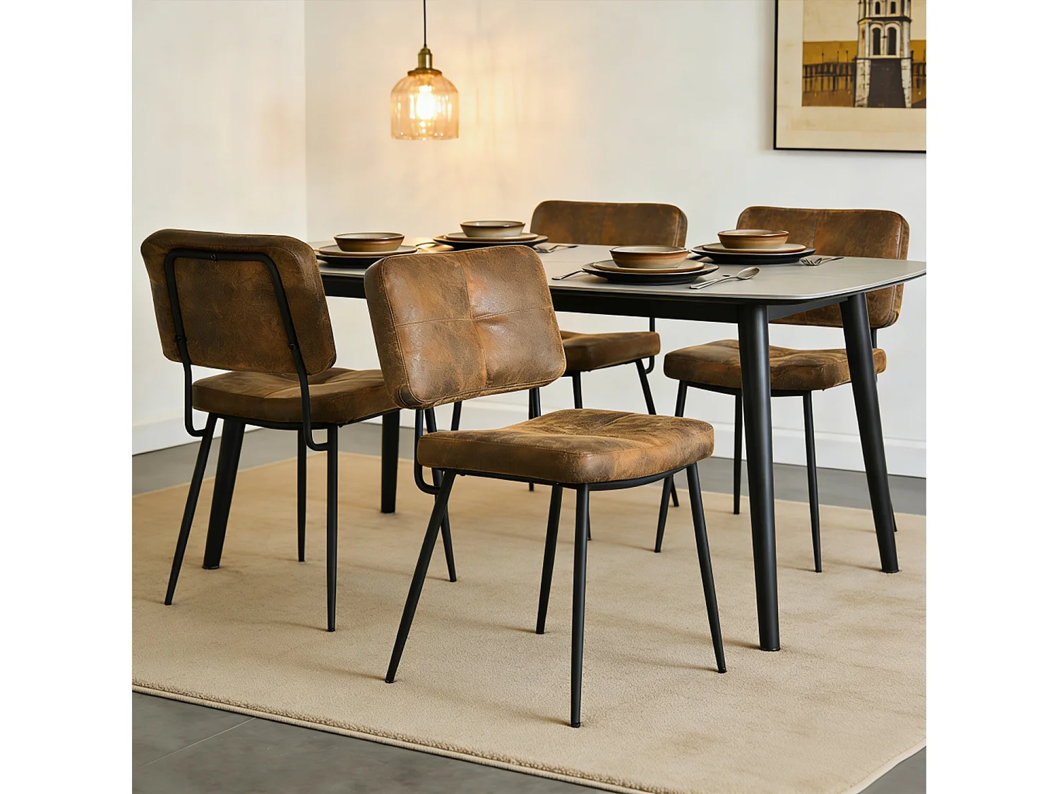 Lot De 4 Chaises De Salle À Manger Rétro Vintage Avec Dossier Assise Rembourrée En Suédine