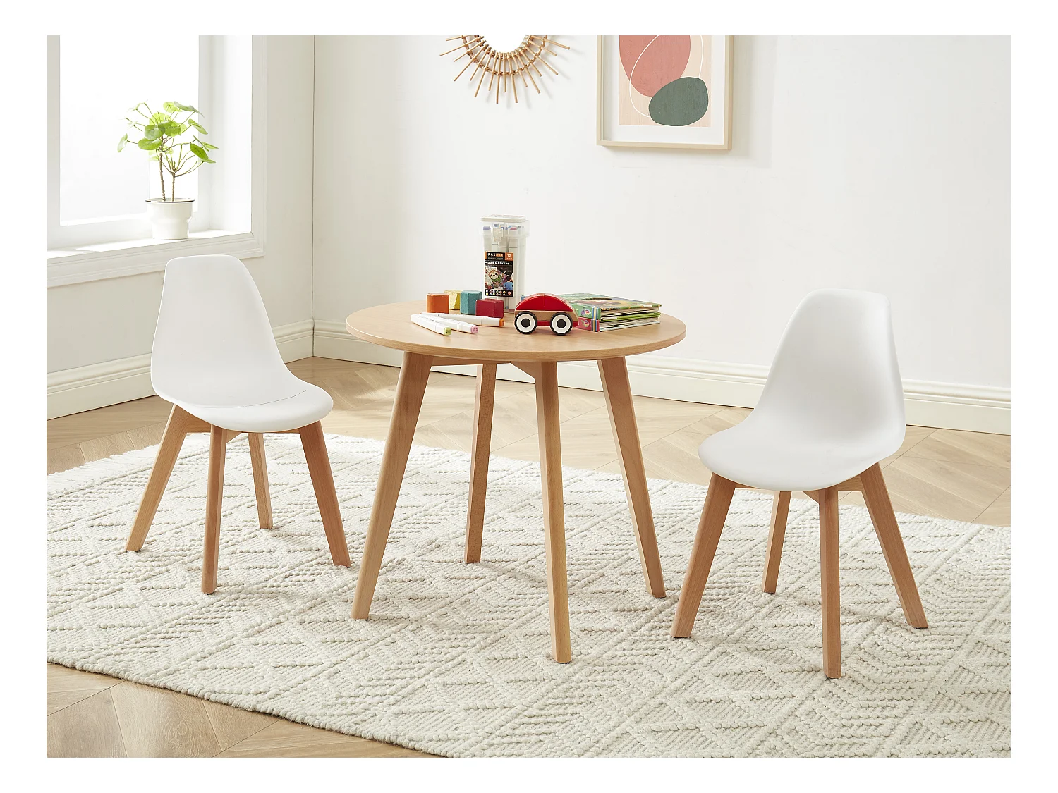 Set aus Kindertisch LOULOUNE + 2 Stühlen LILINOU - Holzfarben und Weiß