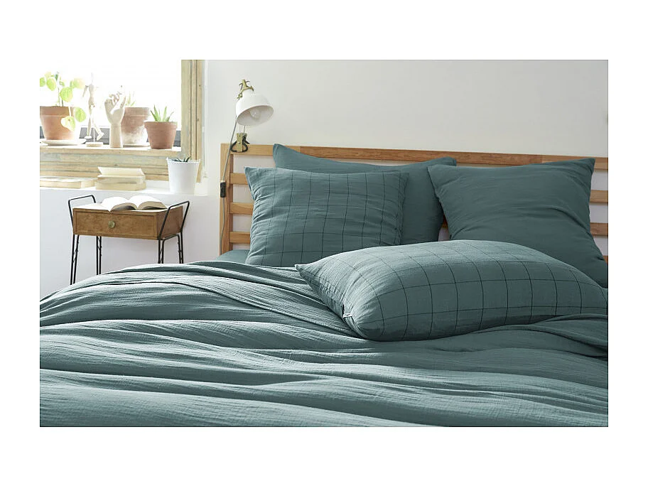 Taie d'oreiller Tissé-teint grands carreaux Déco "Gaïa Match" 60 x 60 cm & 50 x 70 cm "Gaze de Coton"