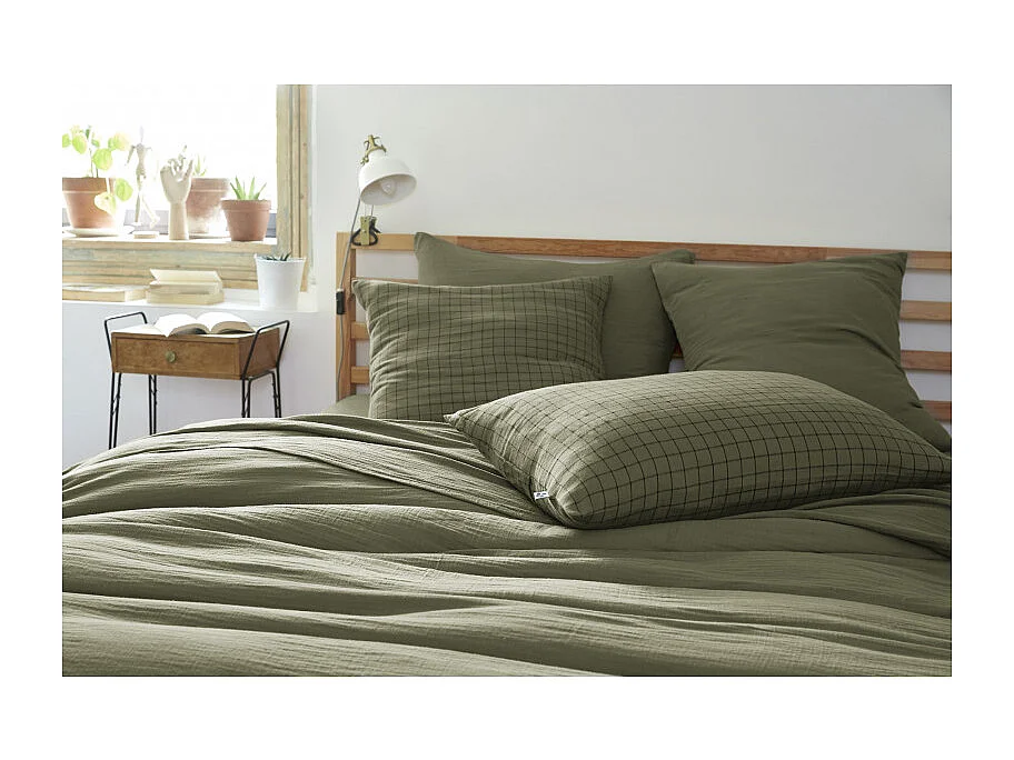 Taie d'oreiller Tissé-teint petits carreaux Déco "Gaïa Mix" 60 x 60 cm & 50 x 70 cm "Gaze de Coton" l'Effet Papillon