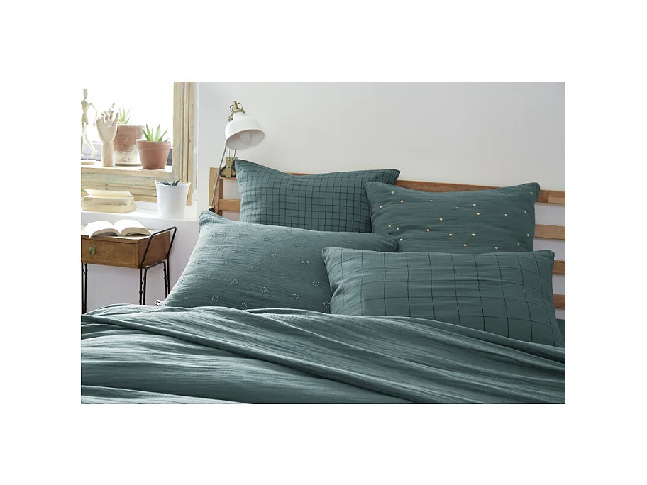 Taie d'oreiller Tissé-teint grands carreaux Déco "Gaïa Match" 60 x 60 cm & 50 x 70 cm "Gaze de Coton"