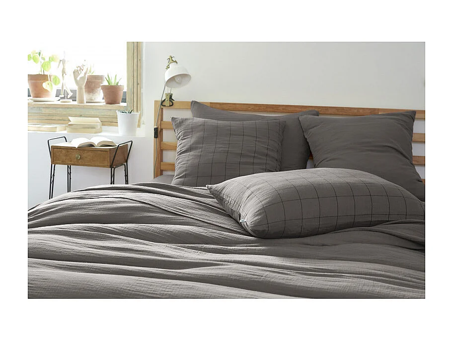 Taie d'oreiller Tissé-teint grands carreaux Déco "Gaïa Match" 60 x 60 cm & 50 x 70 cm "Gaze de Coton" l'Effet Papillon