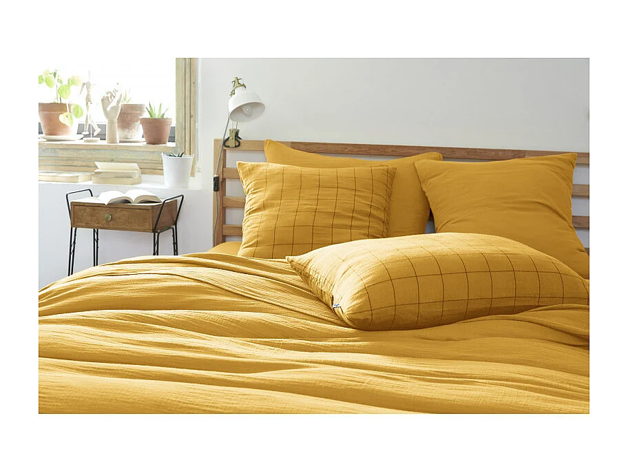 Taie d'oreiller Tissé-teint grands carreaux Déco "Gaïa Match" 60 x 60 cm & 50 x 70 cm "Gaze de Coton"