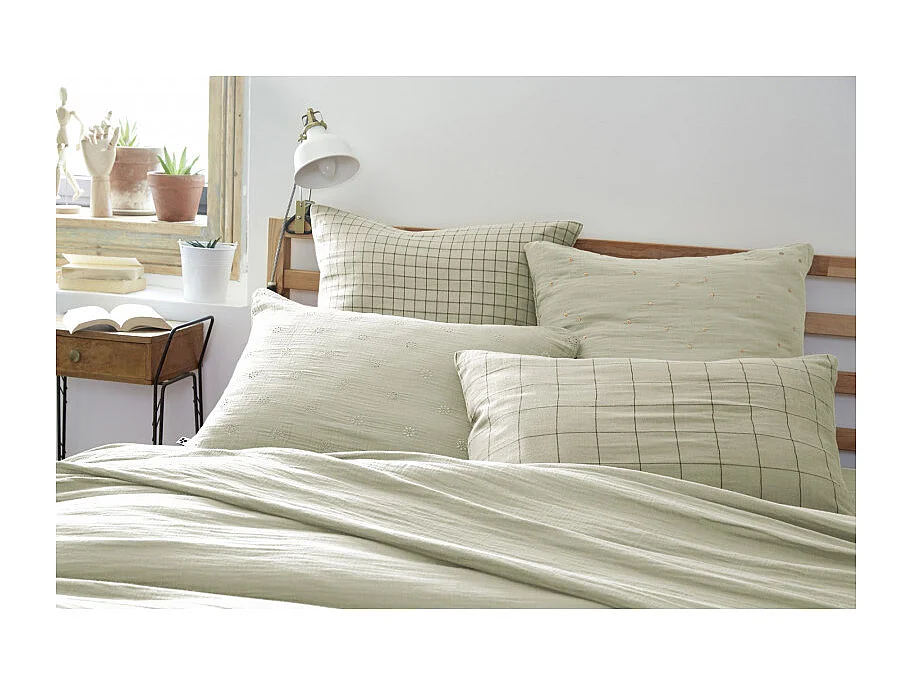 Taie d'oreiller Tissé-teint grands carreaux Déco "Gaïa Match" 60 x 60 cm & 50 x 70 cm "Gaze de Coton" l'Effet Papillon