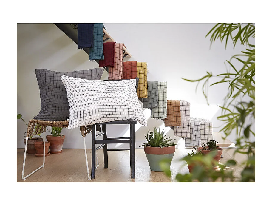 Taie d'oreiller Tissé-teint petits carreaux Déco "Gaïa Mix" 60 x 60 cm & 50 x 70 cm "Gaze de Coton" l'Effet Papillon