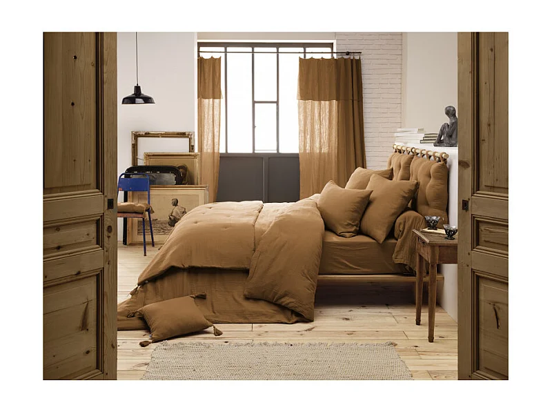 Cache-sommier En Lin Lavé 140x190cm Couleur Craie - Margaux By AltoBuy - Hauteur Jupe 30cm