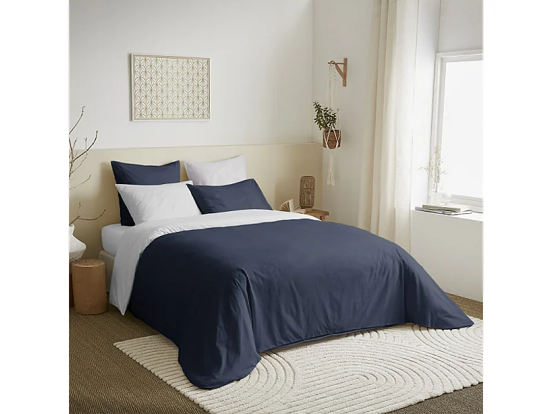 Pack complet 6 pièces Marine/Blanc réversible housse de couette pour lit 180 x 200 cm "King size"