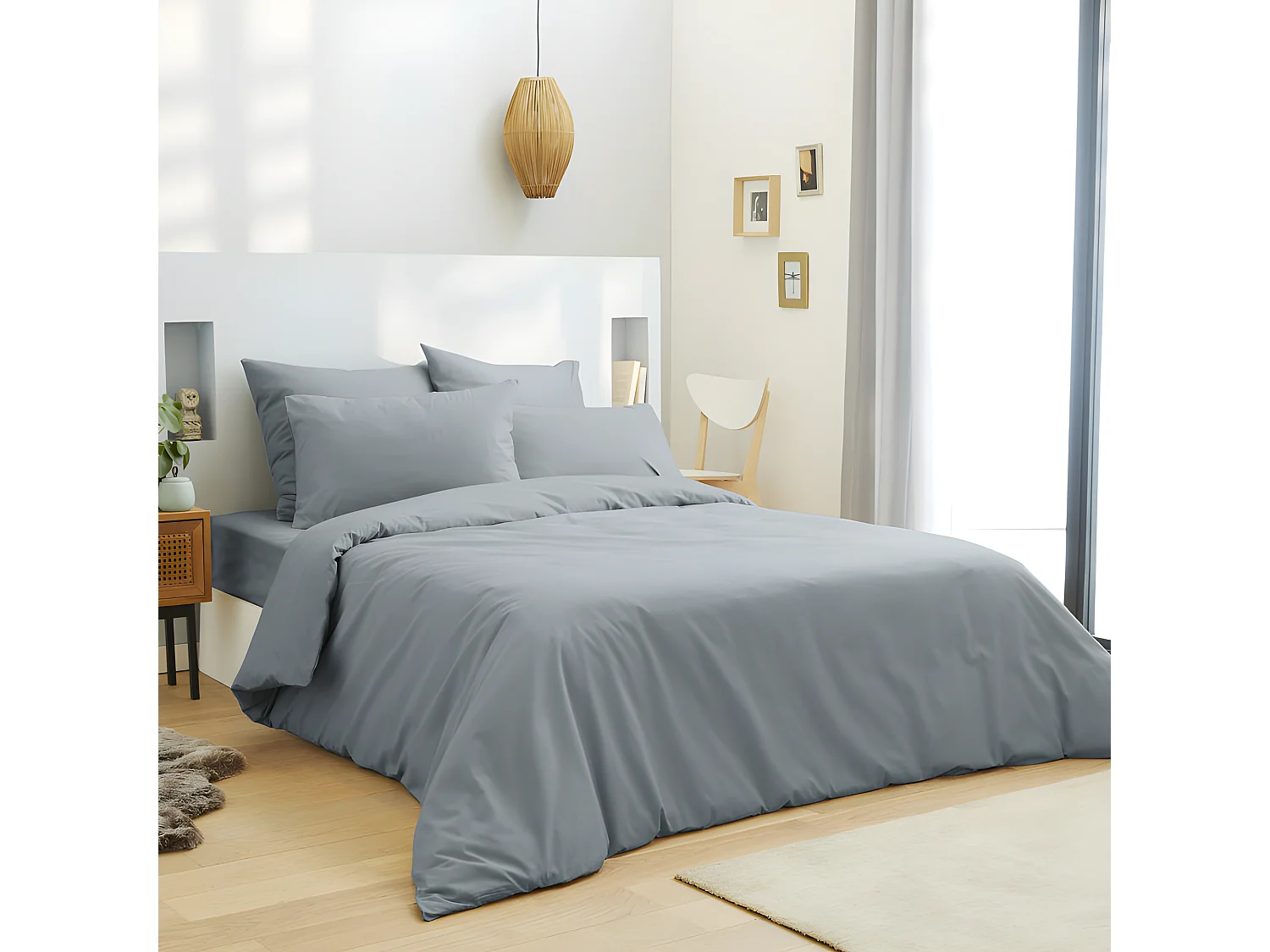 Pack complet 6 pièces Gris clair housse de couette pour lit 140 x 190 cm 100% coton / 57 fils/cm²