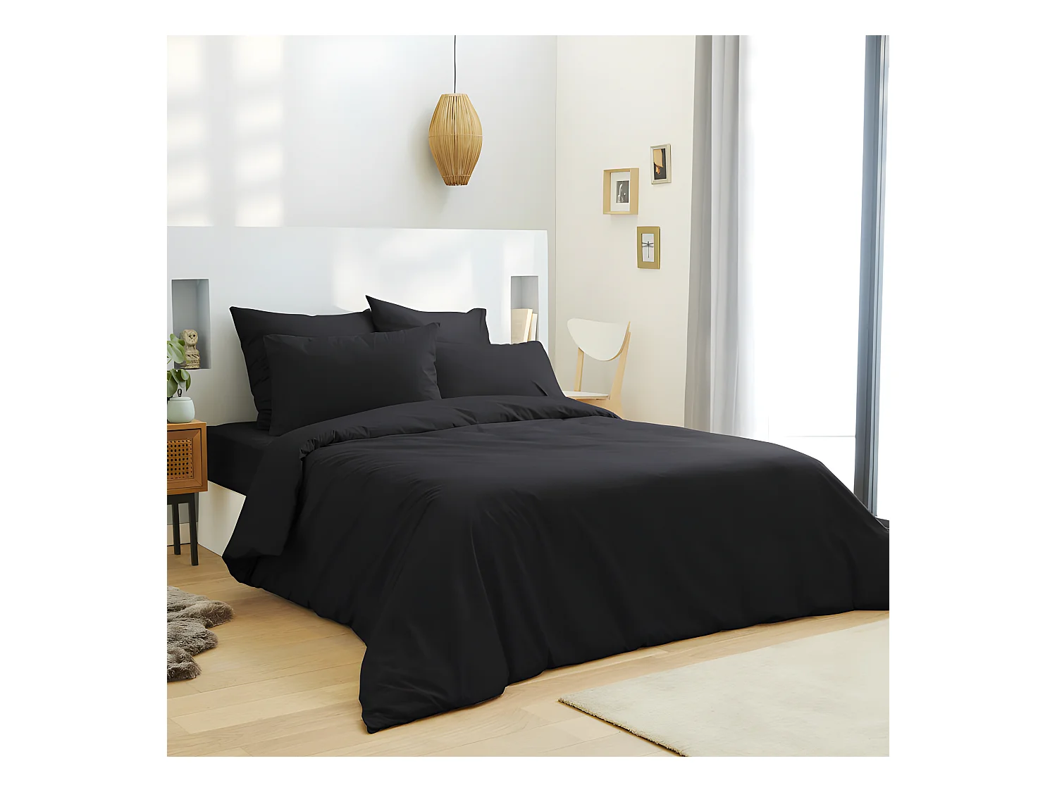 Parure de draps 4 pièces Unicolore Noir pour lit 160 x 200 cm "Grande Largeur" 100% coton / 57 fils/cm²