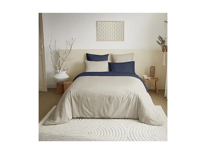 Pack complet 6 pièces Lin/Marine réversible housse de couette pour lit 140 x 190 cm