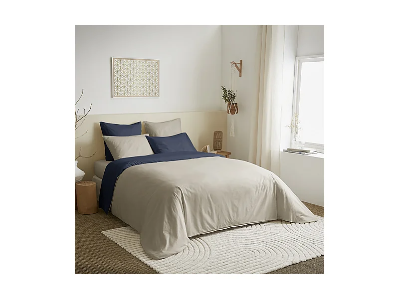 Pack complet 6 pièces Lin/Marine réversible housse de couette pour lit 140 x 190 cm