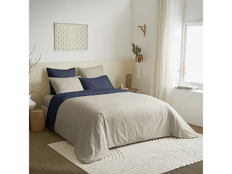 Pack complet 6 pièces Lin/Marine réversible housse de couette pour lit 140 x 190 cm
