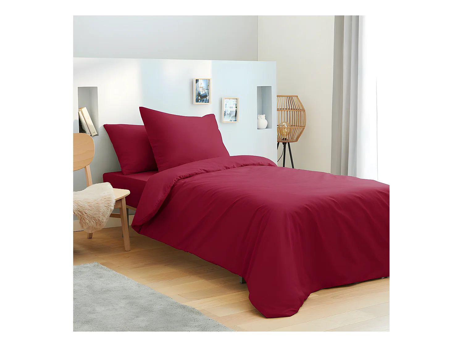 Parure de draps 3 pièces unicolore Rouge pour lit 90 x 190 cm 100% coton / 57 fils/cm²