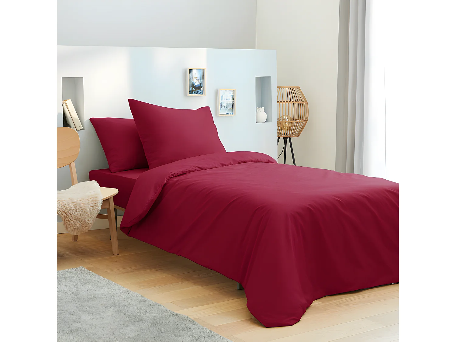 Parure de draps 3 pièces unicolore Rouge pour lit 90 x 190 cm 100% coton / 57 fils/cm²