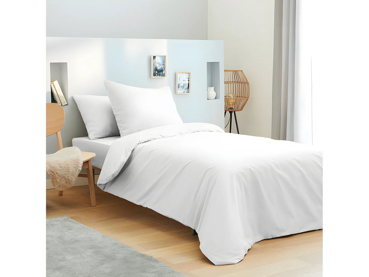 Pack complet 4 pièces Blanc housse de couette pour lit 90 x 190 cm 100% coton / 57 fils/cm²