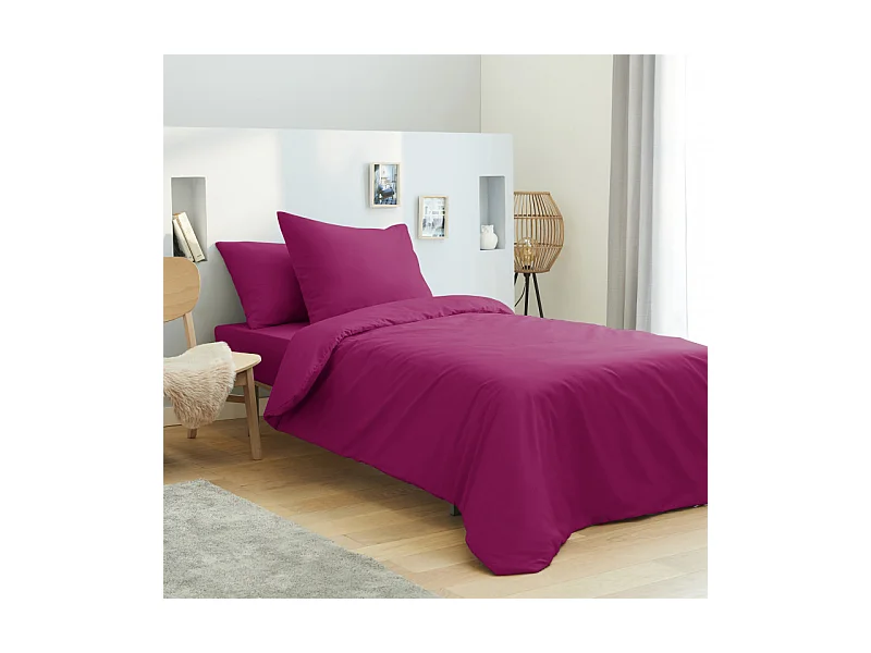 Parure de draps 3 pièces unicolore Fushia pour lit 90 x 190 cm 100% coton / 57 fils/cm²
