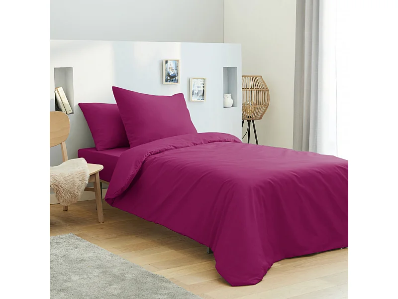 Parure de draps 3 pièces unicolore Fushia pour lit 90 x 190 cm 100% coton / 57 fils/cm²