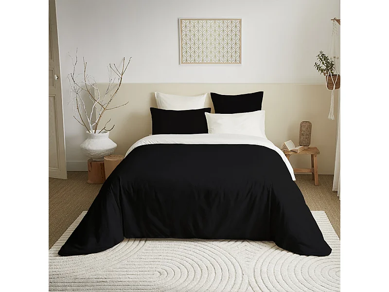 Pack complet 6 pièces Noir/Blanc réversible housse de couette pour lit 140 x 190 cm