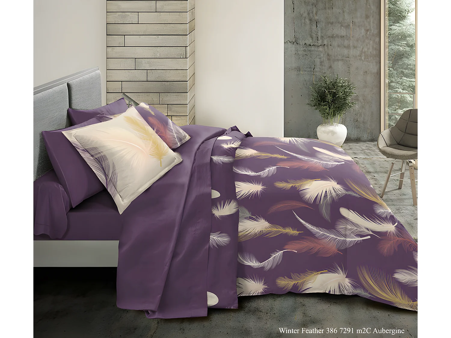 Parure de couette Feather Aubergine pour lit 90 x 190 cm 100% coton / 57 fils/cm²