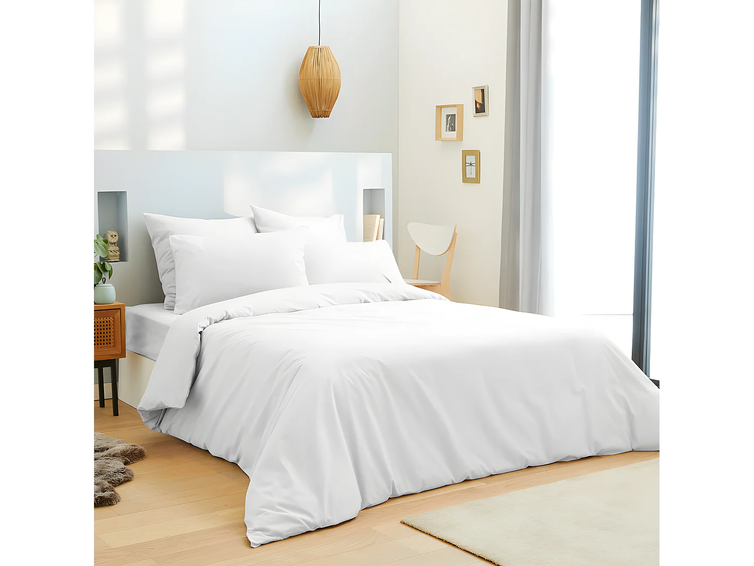 Pack complet 6 pièces Blanc housse de couette pour lit 160 x 200 cm 100% coton / 57 fils/cm²