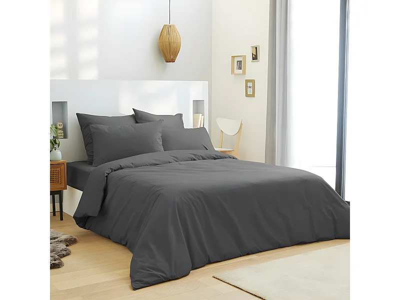Pack complet 6 pièces Anthracite housse de couette pour lit 160 x 200 cm 100% coton / 57 fils/cm²