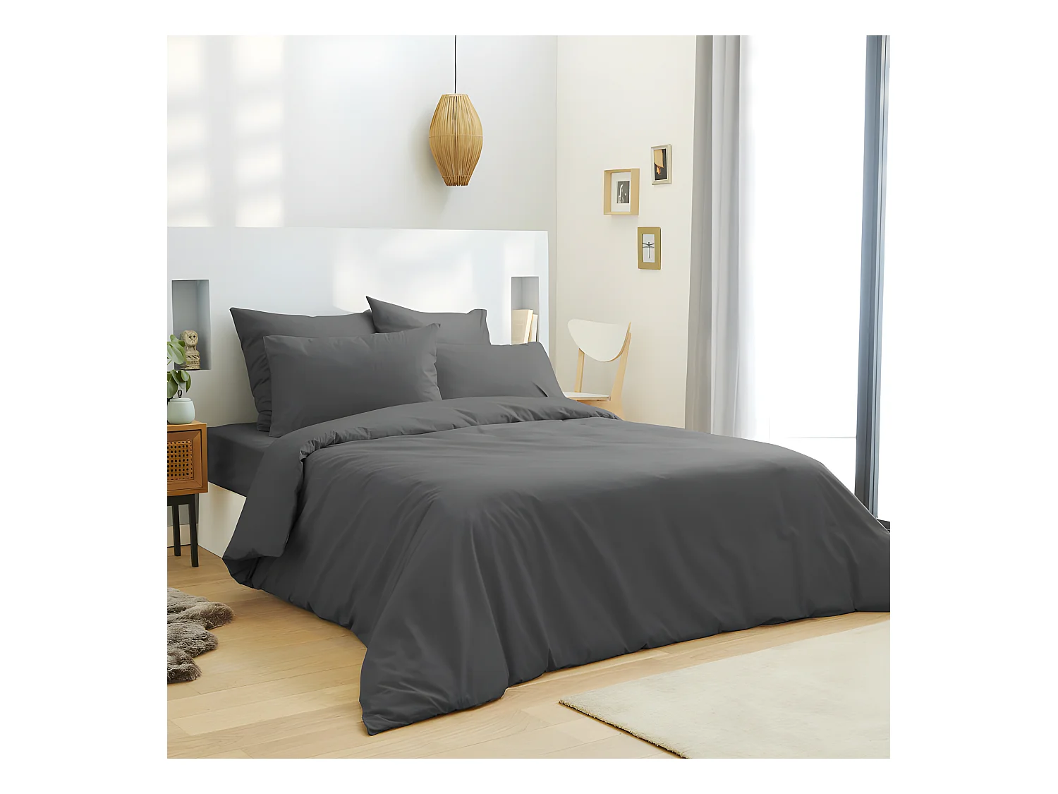 Pack complet 6 pièces Anthracite housse de couette pour lit 160 x 200 cm 100% coton / 57 fils/cm²